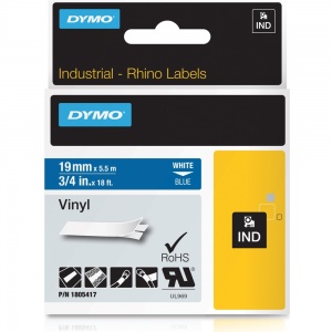 Dymo Rhino 1805417 White on Blue Vinyl Tape - 19mm