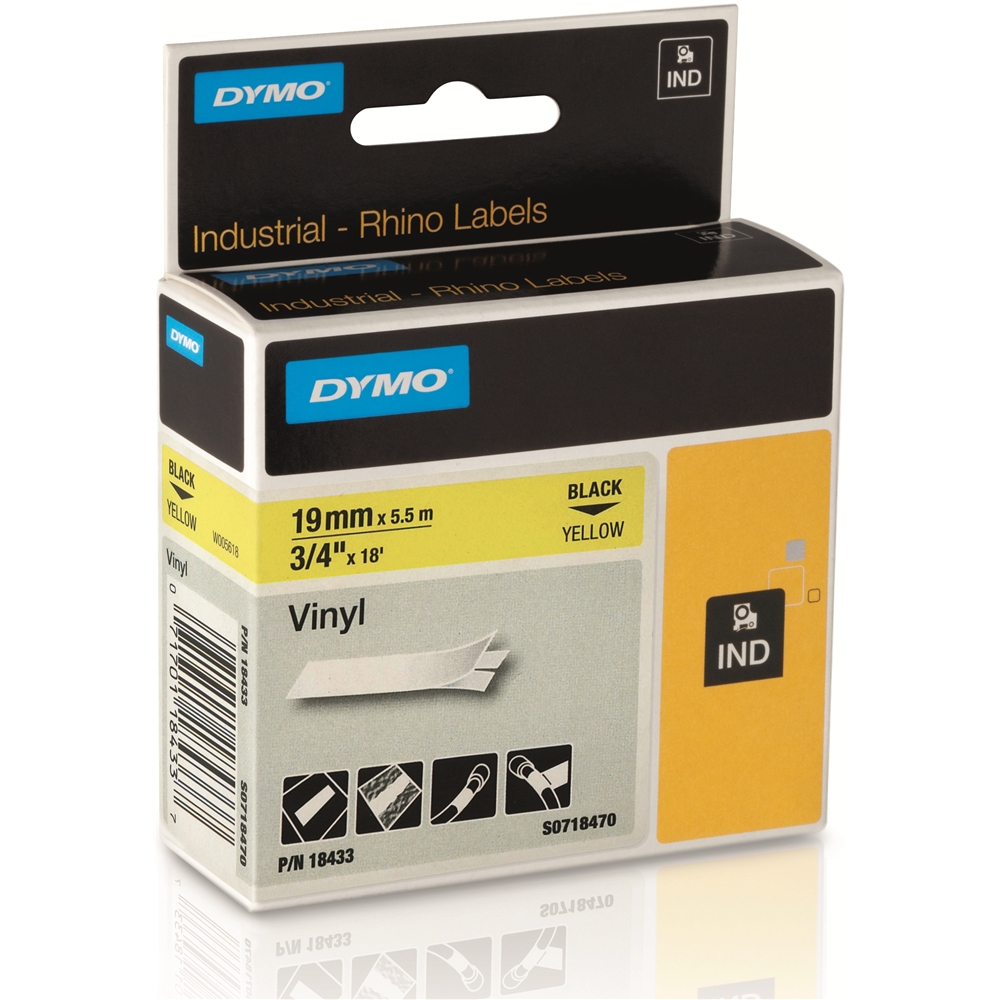 10 PK Black on Yellow VINYL LABEL Tape 3/4" 18433 for Dymo RHINO 4200 5200 19mm 